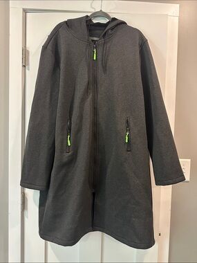 Long Hooded Zip Coat with Neon Zipper Pulls - Black
